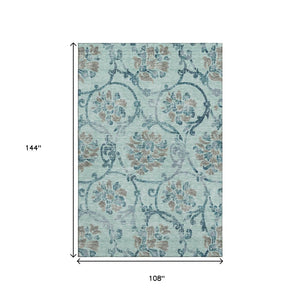 HomeRoots 9' X 12' Teal and Gray Floral Area Rug – Washable, Stain-Resistant, UV Protected for High-Traffic Homes 664007