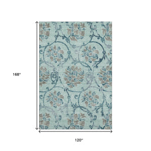 HomeRoots 10' X 14' Elegant Teal & Gray Floral Washable Area Rug - UV Protected, Pet-Friendly & Durable Design 664008