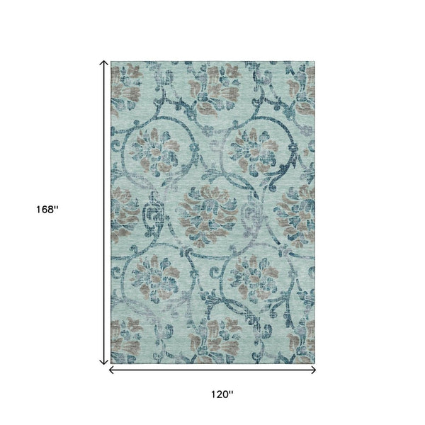 HomeRoots 10' X 14' Elegant Teal & Gray Floral Washable Area Rug - UV Protected, Pet-Friendly & Durable Design 664008