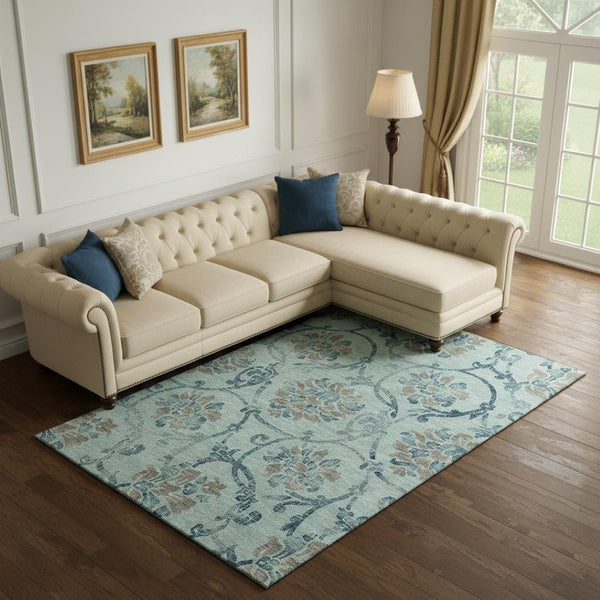HomeRoots 10' X 14' Elegant Teal & Gray Floral Washable Area Rug - UV Protected, Pet-Friendly & Durable Design 664008