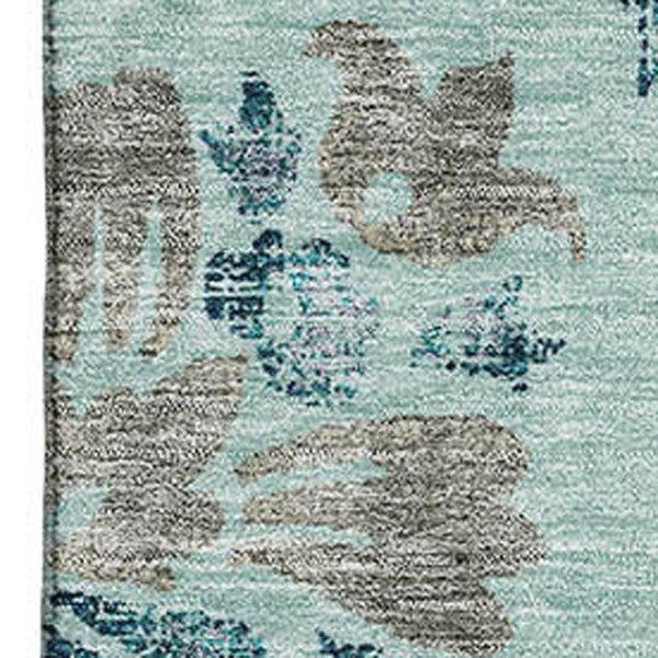 HomeRoots 10' X 14' Elegant Teal & Gray Floral Washable Area Rug - UV Protected, Pet-Friendly & Durable Design 664008