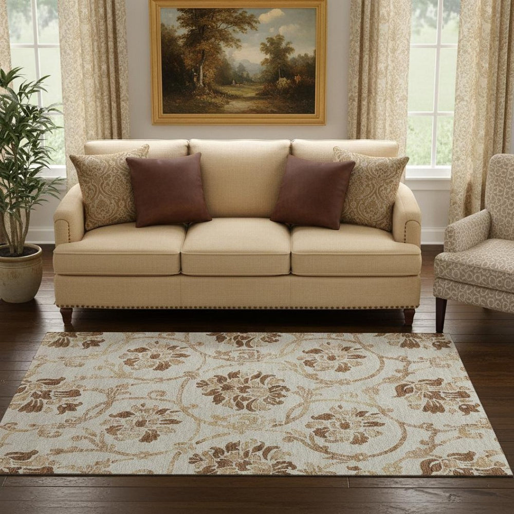 HomeRoots 5' X 8' Terra Cotta Floral Area Rug - Washable, UV Protected & Stain-Resistant for Everyday Durability 664010