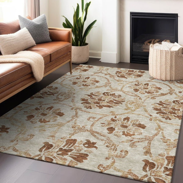 HomeRoots 5' X 8' Terra Cotta Floral Area Rug - Washable, UV Protected & Stain-Resistant for Everyday Durability 664010