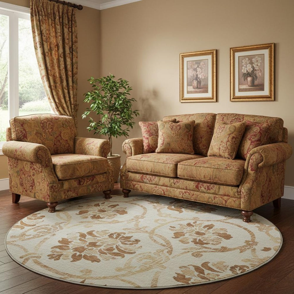 HomeRoots 8' Terra Cotta Floral Round Rug – Washable, UV-Protected, Durable Design for Stylish Living Spaces 664011