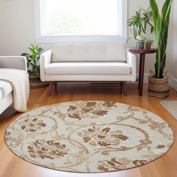 HomeRoots 8' Terra Cotta Floral Round Rug – Washable, UV-Protected, Durable Design for Stylish Living Spaces 664011