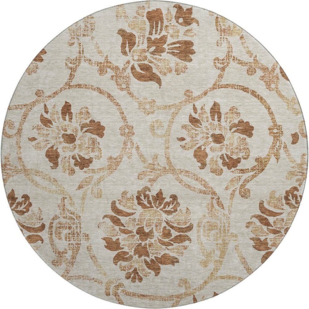 HomeRoots 8' Terra Cotta Floral Round Rug – Washable, UV-Protected, Durable Design for Stylish Living Spaces 664011