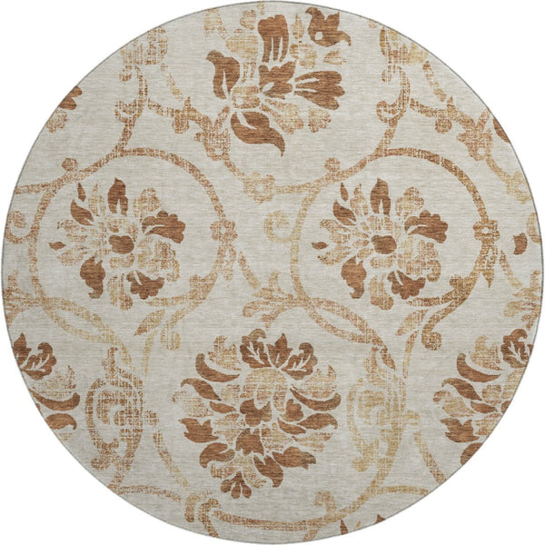 HomeRoots 8' Terra Cotta Floral Round Rug – Washable, UV-Protected, Durable Design for Stylish Living Spaces 664011