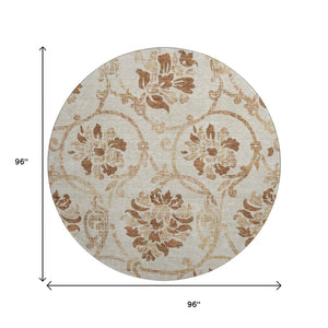 HomeRoots 8' Terra Cotta Floral Round Rug – Washable, UV-Protected, Durable Design for Stylish Living Spaces 664011