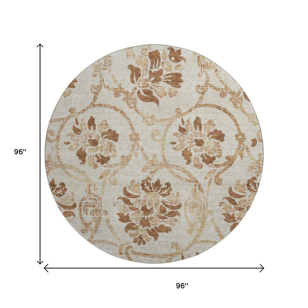 HomeRoots 8' Terra Cotta Floral Round Rug – Washable, UV-Protected, Durable Design for Stylish Living Spaces 664011