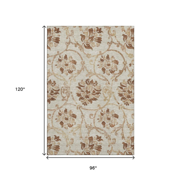 HomeRoots 8' X 10' Terra Cotta Floral Washable Area Rug with UV Protection - Stylish, Durable, and Easy Care! 664012