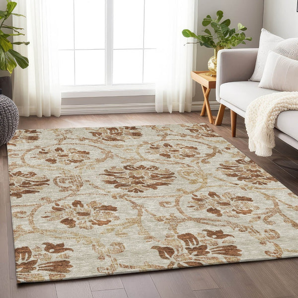 HomeRoots 8' X 10' Terra Cotta Floral Washable Area Rug with UV Protection - Stylish, Durable, and Easy Care! 664012