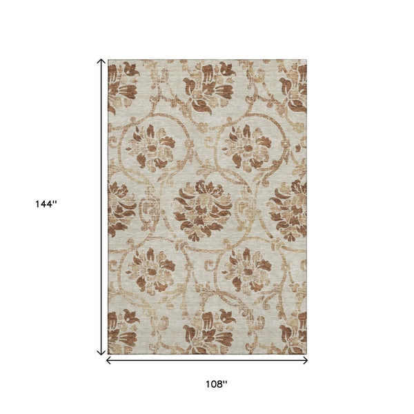HomeRoots 9' X 12' Terra Cotta Floral Area Rug - Washable, UV Protected, Durable for High-Traffic Spaces 664013