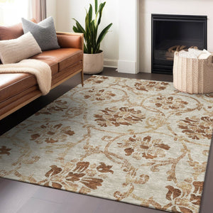 HomeRoots 9' X 12' Terra Cotta Floral Area Rug - Washable, UV Protected, Durable for High-Traffic Spaces 664013