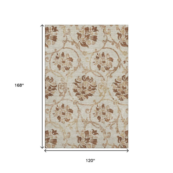 HomeRoots 10' X 14' Washable Floral Area Rug in Terra Cotta & Beige - Durable, UV-Protected for Family Spaces 664014