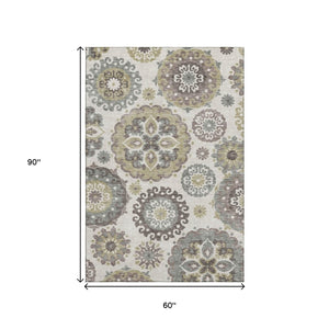 HomeRoots 5' X 8' Beige Gray Brown Medallion Area Rug – Washable, UV Protected, Soft & Stain Resistant Design 664016