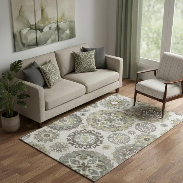 HomeRoots 5' X 8' Beige Gray Brown Medallion Area Rug – Washable, UV Protected, Soft & Stain Resistant Design 664016