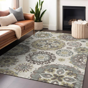 HomeRoots 5' X 8' Beige Gray Brown Medallion Area Rug – Washable, UV Protected, Soft & Stain Resistant Design 664016