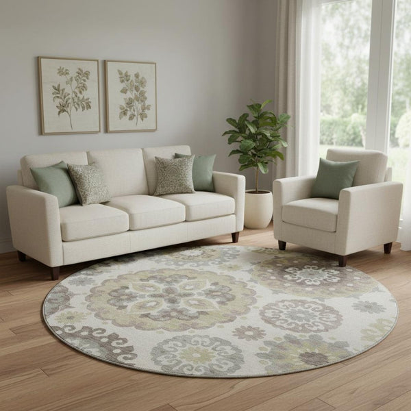 HomeRoots 8' Washable Round Rug with Medallion Design in Beige, Gray & Brown - UV Protected, Durable & Stylish 664017