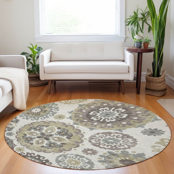 HomeRoots 8' Washable Round Rug with Medallion Design in Beige, Gray & Brown - UV Protected, Durable & Stylish 664017