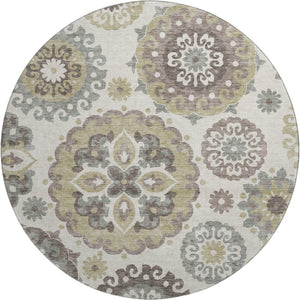HomeRoots 8' Washable Round Rug with Medallion Design in Beige, Gray & Brown - UV Protected, Durable & Stylish 664017