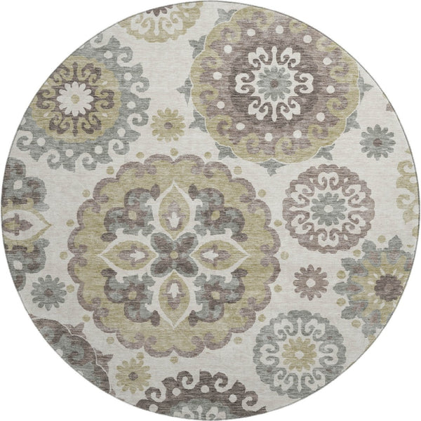 HomeRoots 8' Washable Round Rug with Medallion Design in Beige, Gray & Brown - UV Protected, Durable & Stylish 664017