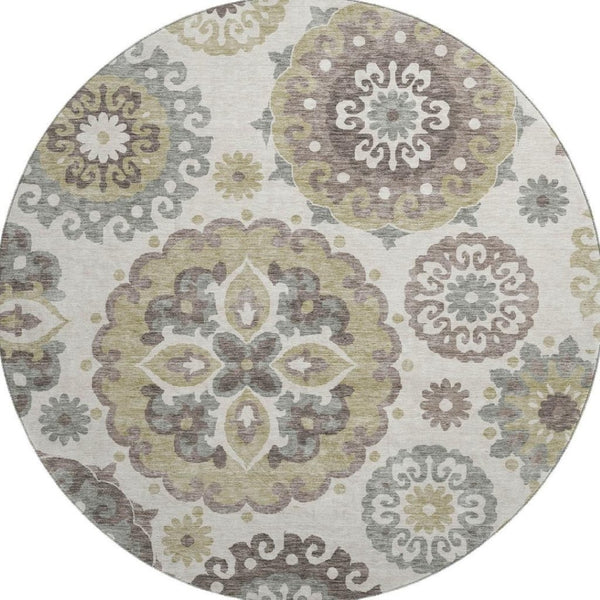 HomeRoots 8' Washable Round Rug with Medallion Design in Beige, Gray & Brown - UV Protected, Durable & Stylish 664017