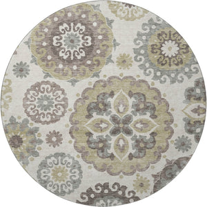 HomeRoots 8' Washable Round Rug with Medallion Design in Beige, Gray & Brown - UV Protected, Durable & Stylish 664017