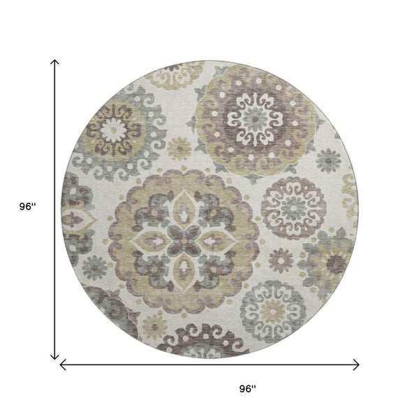 HomeRoots 8' Washable Round Rug with Medallion Design in Beige, Gray & Brown - UV Protected, Durable & Stylish 664017