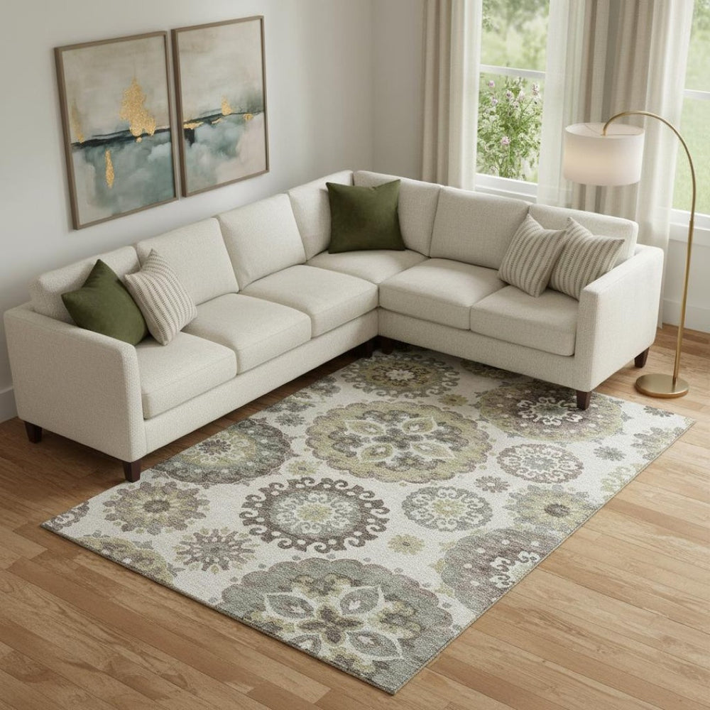 HomeRoots 8' X 10' Washable Medallion Area Rug in Beige, Gray & Brown - UV Protected, Stain Resistant Design 664018
