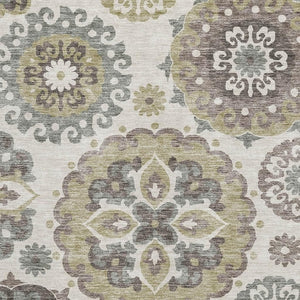 HomeRoots 8' X 10' Washable Medallion Area Rug in Beige, Gray & Brown - UV Protected, Stain Resistant Design 664018