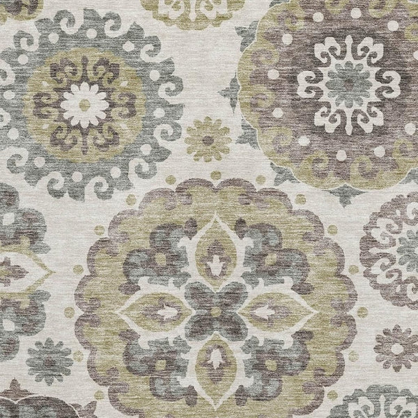 HomeRoots 8' X 10' Washable Medallion Area Rug in Beige, Gray & Brown - UV Protected, Stain Resistant Design 664018