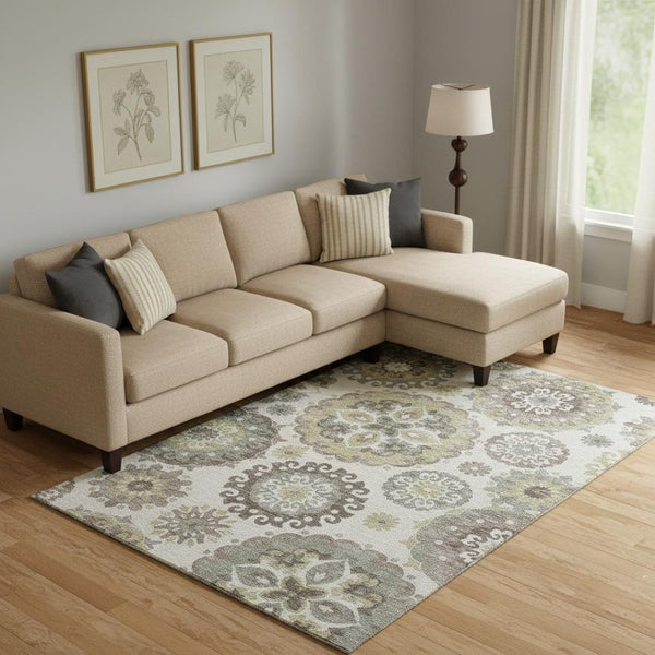 HomeRoots 9' X 12' Beige Gray Brown Medallion Area Rug - Washable, Stain-Resistant, UV Protected for Homes 664019