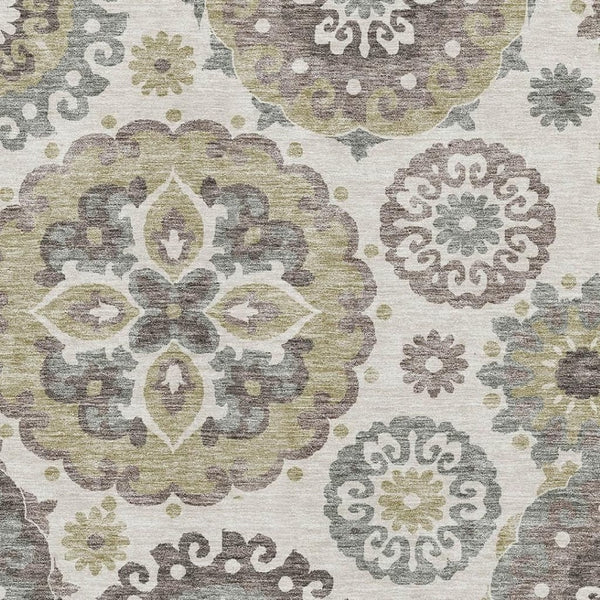HomeRoots 9' X 12' Beige Gray Brown Medallion Area Rug - Washable, Stain-Resistant, UV Protected for Homes 664019