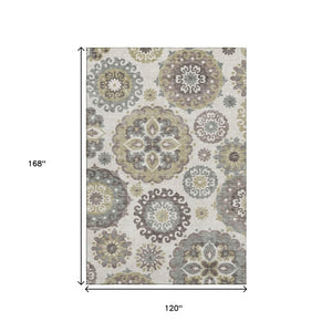 HomeRoots 10' Washable Beige Gray Brown Medallion Area Rug with UV Protection for Stylish Living Spaces 664020