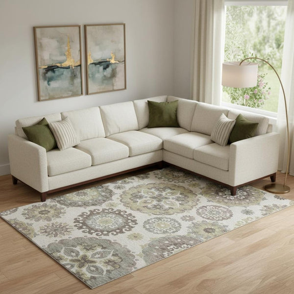 HomeRoots 10' Washable Beige Gray Brown Medallion Area Rug with UV Protection for Stylish Living Spaces 664020
