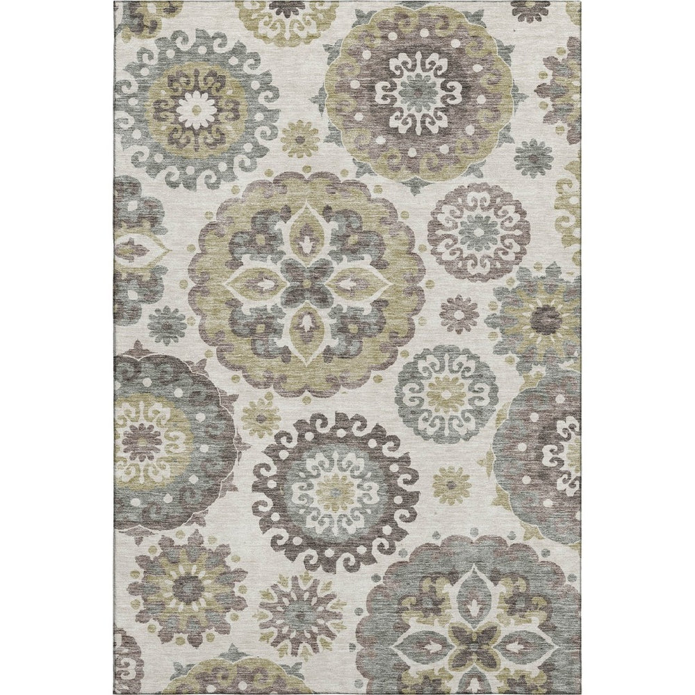 HomeRoots 10' Washable Beige Gray Brown Medallion Area Rug with UV Protection for Stylish Living Spaces 664020