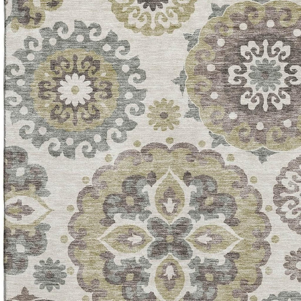 HomeRoots 10' Washable Beige Gray Brown Medallion Area Rug with UV Protection for Stylish Living Spaces 664020