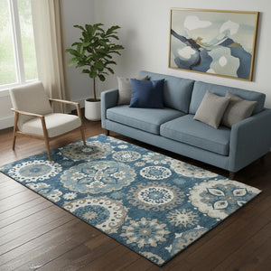 HomeRoots 5' X 8' Classic Blue Ivory Beige Medallion Washable Area Rug with UV Protection & Easy Care Design 664028