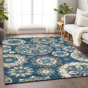 HomeRoots 5' X 8' Classic Blue Ivory Beige Medallion Washable Area Rug with UV Protection & Easy Care Design 664028