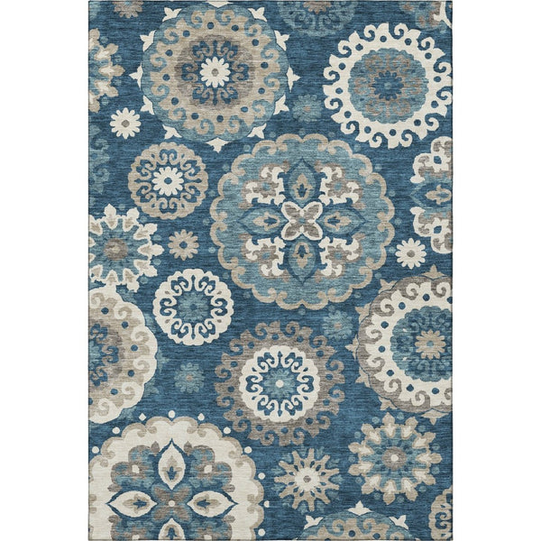 HomeRoots 5' X 8' Classic Blue Ivory Beige Medallion Washable Area Rug with UV Protection & Easy Care Design 664028