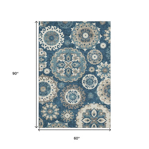 HomeRoots 5' X 8' Classic Blue Ivory Beige Medallion Washable Area Rug with UV Protection & Easy Care Design 664028