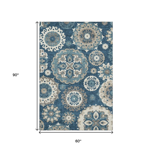 HomeRoots 5' X 8' Classic Blue Ivory Beige Medallion Washable Area Rug with UV Protection & Easy Care Design 664028