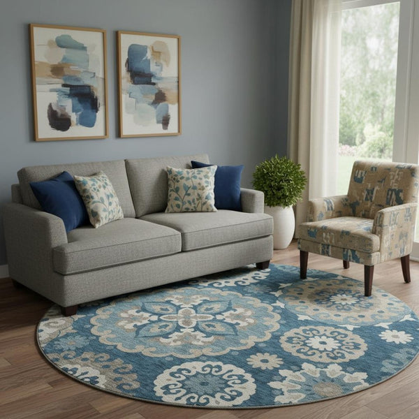 HomeRoots 8' Blue Ivory Medallion Washable Round Rug - Stylish, Durable, UV-Protected for High-Traffic Areas 664029