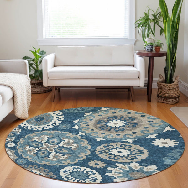 HomeRoots 8' Blue Ivory Medallion Washable Round Rug - Stylish, Durable, UV-Protected for High-Traffic Areas 664029