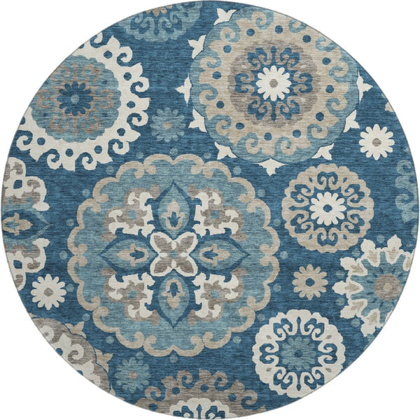 HomeRoots 8' Blue Ivory Medallion Washable Round Rug - Stylish, Durable, UV-Protected for High-Traffic Areas 664029