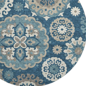 HomeRoots 8' Blue Ivory Medallion Washable Round Rug - Stylish, Durable, UV-Protected for High-Traffic Areas 664029