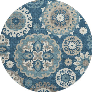 HomeRoots 8' Blue Ivory Medallion Washable Round Rug - Stylish, Durable, UV-Protected for High-Traffic Areas 664029