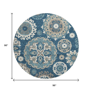 HomeRoots 8' Blue Ivory Medallion Washable Round Rug - Stylish, Durable, UV-Protected for High-Traffic Areas 664029