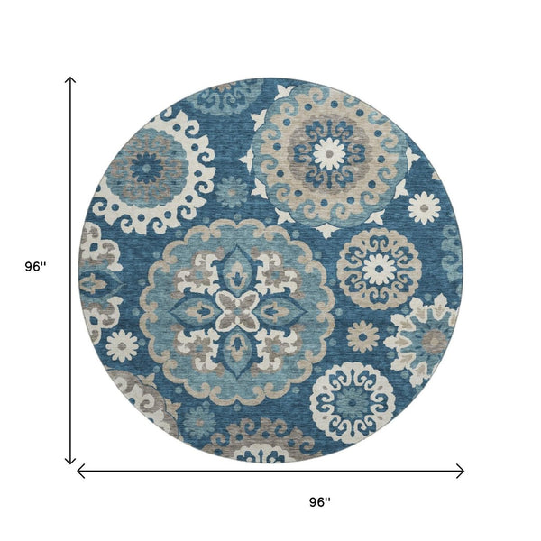 HomeRoots 8' Blue Ivory Medallion Washable Round Rug - Stylish, Durable, UV-Protected for High-Traffic Areas 664029