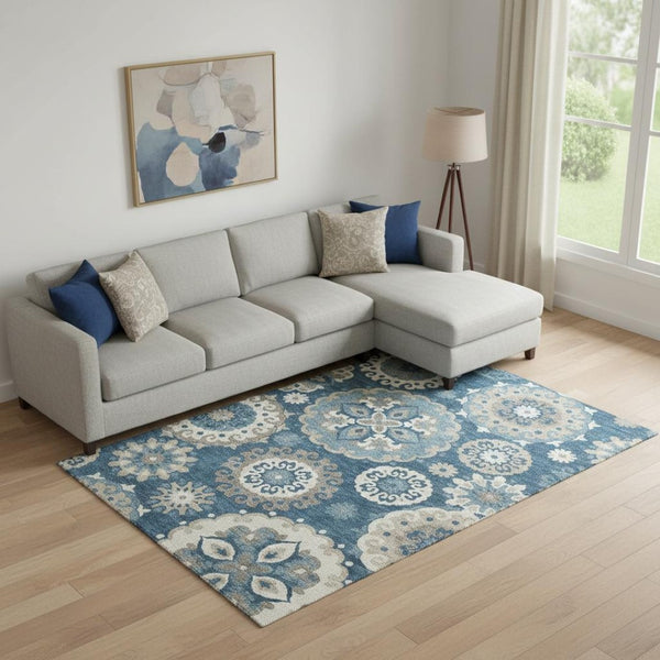HomeRoots 8' X 10' Blue Ivory Beige Medallion Area Rug – Washable, UV-Protected, Durable for Homes with Kids & Pets 664030